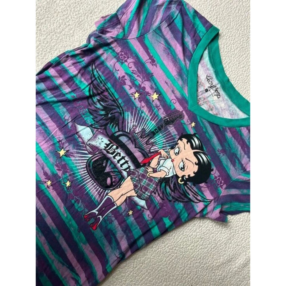 Vintage Y2K Betty Boop Purple & Teal Striped Graphic Tshirt Womens Large